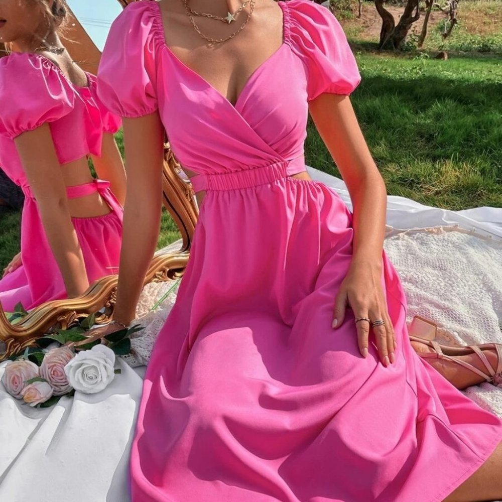 Pink Puff Sleeve Cut Out Waist Dress - Picture 1 of 6